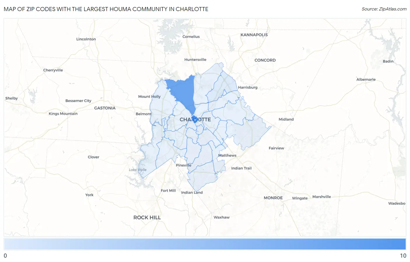 Zip Codes with the Largest Houma Community in Charlotte Map