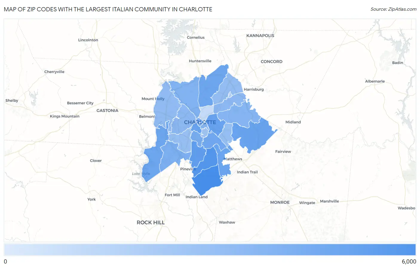 Zip Codes with the Largest Italian Community in Charlotte Map