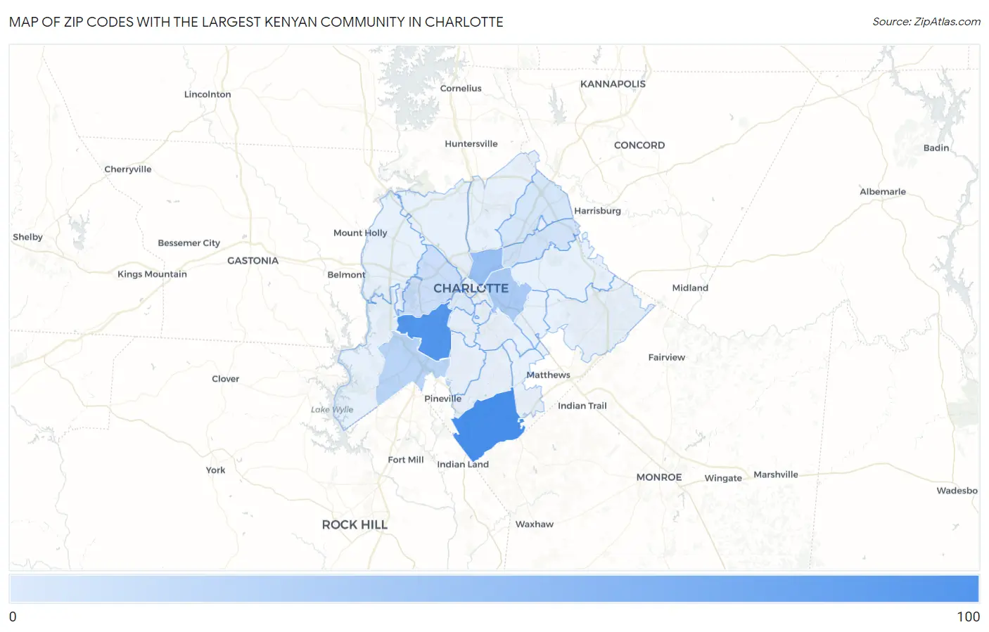 Zip Codes with the Largest Kenyan Community in Charlotte Map