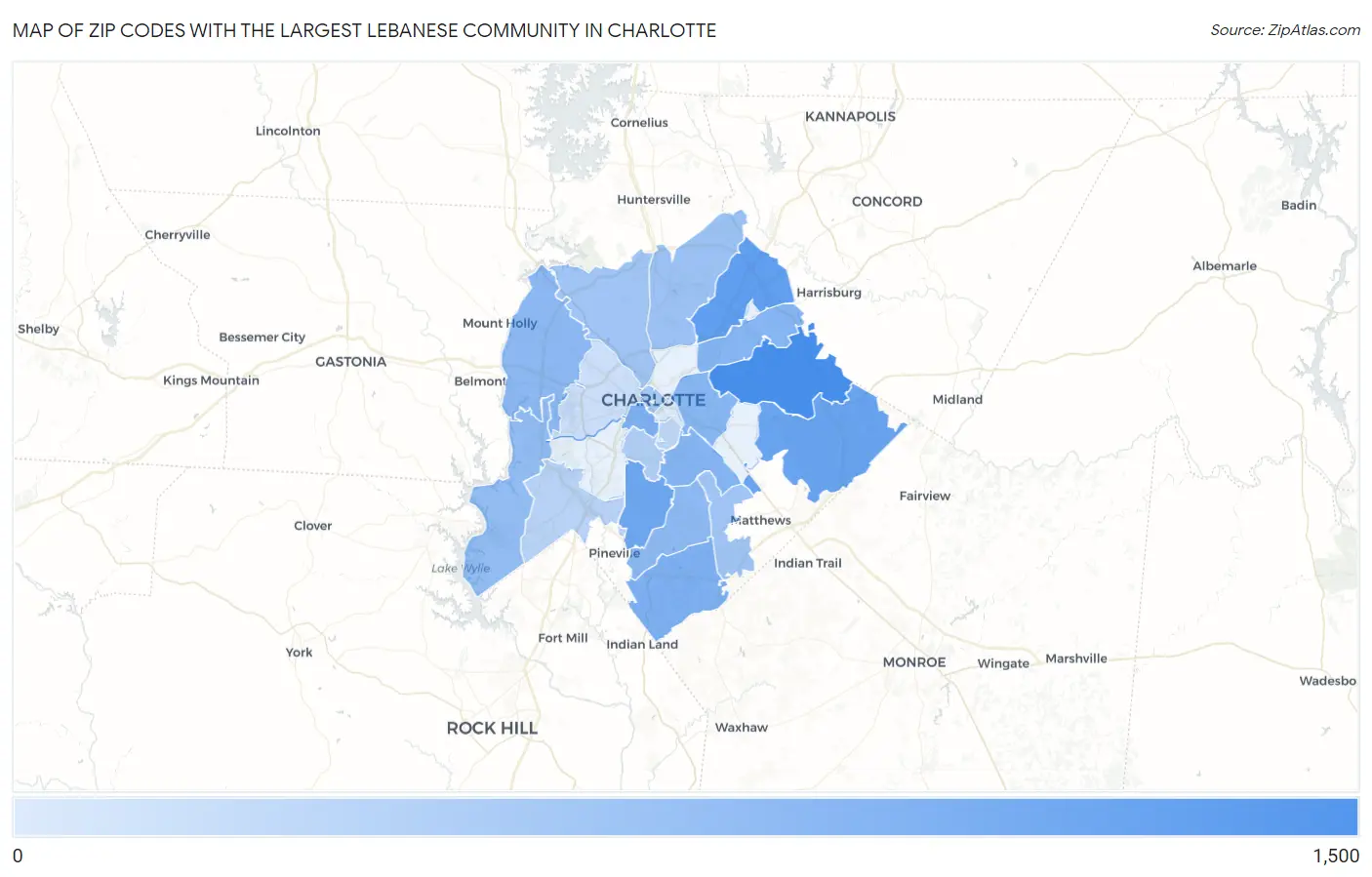Zip Codes with the Largest Lebanese Community in Charlotte Map