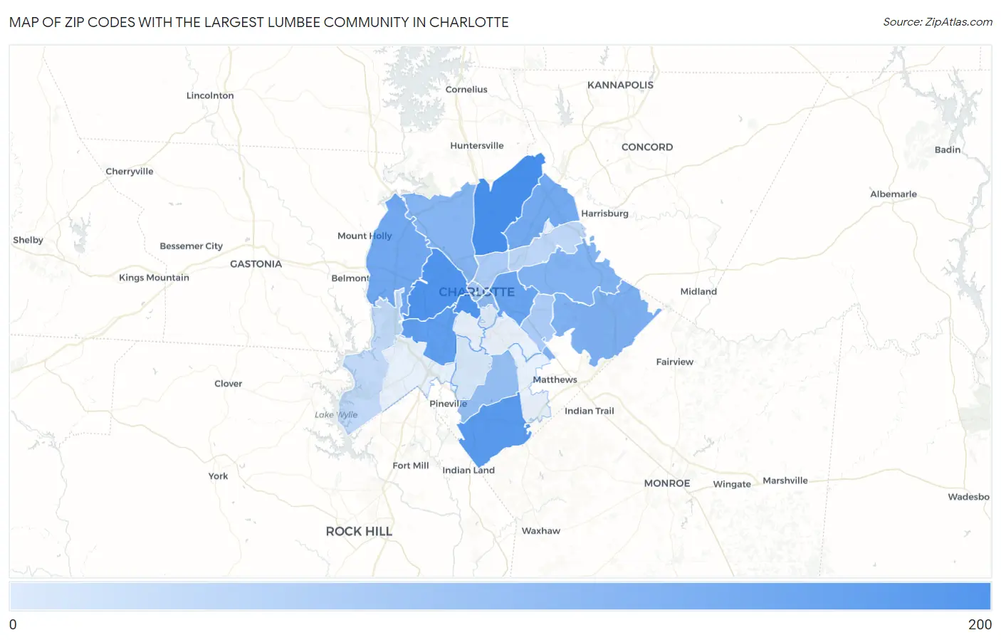 Zip Codes with the Largest Lumbee Community in Charlotte Map