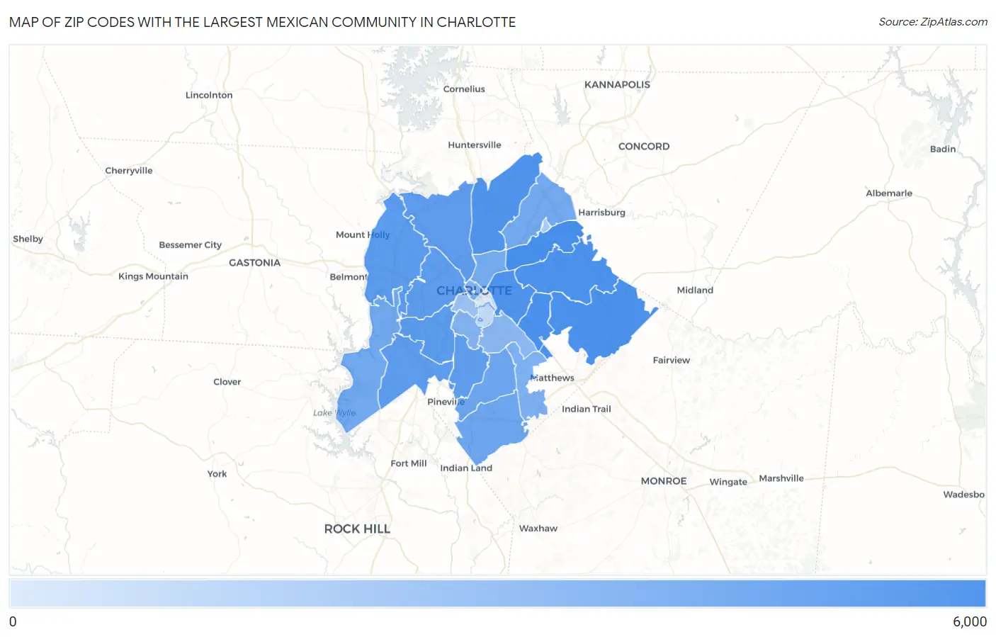 Zip Codes with the Largest Mexican Community in Charlotte Map