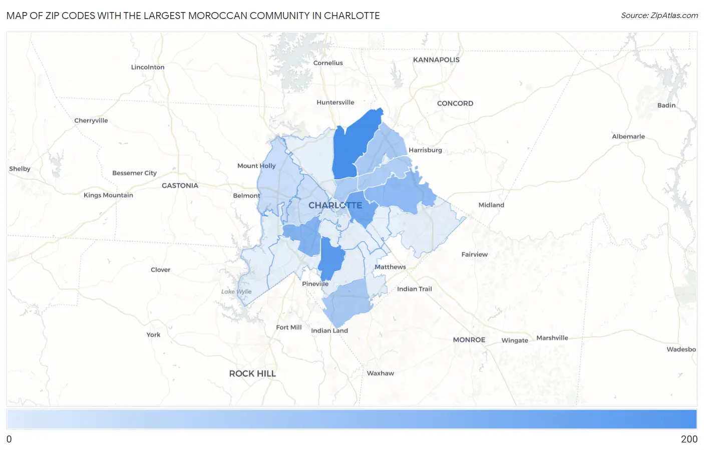 Zip Codes with the Largest Moroccan Community in Charlotte Map