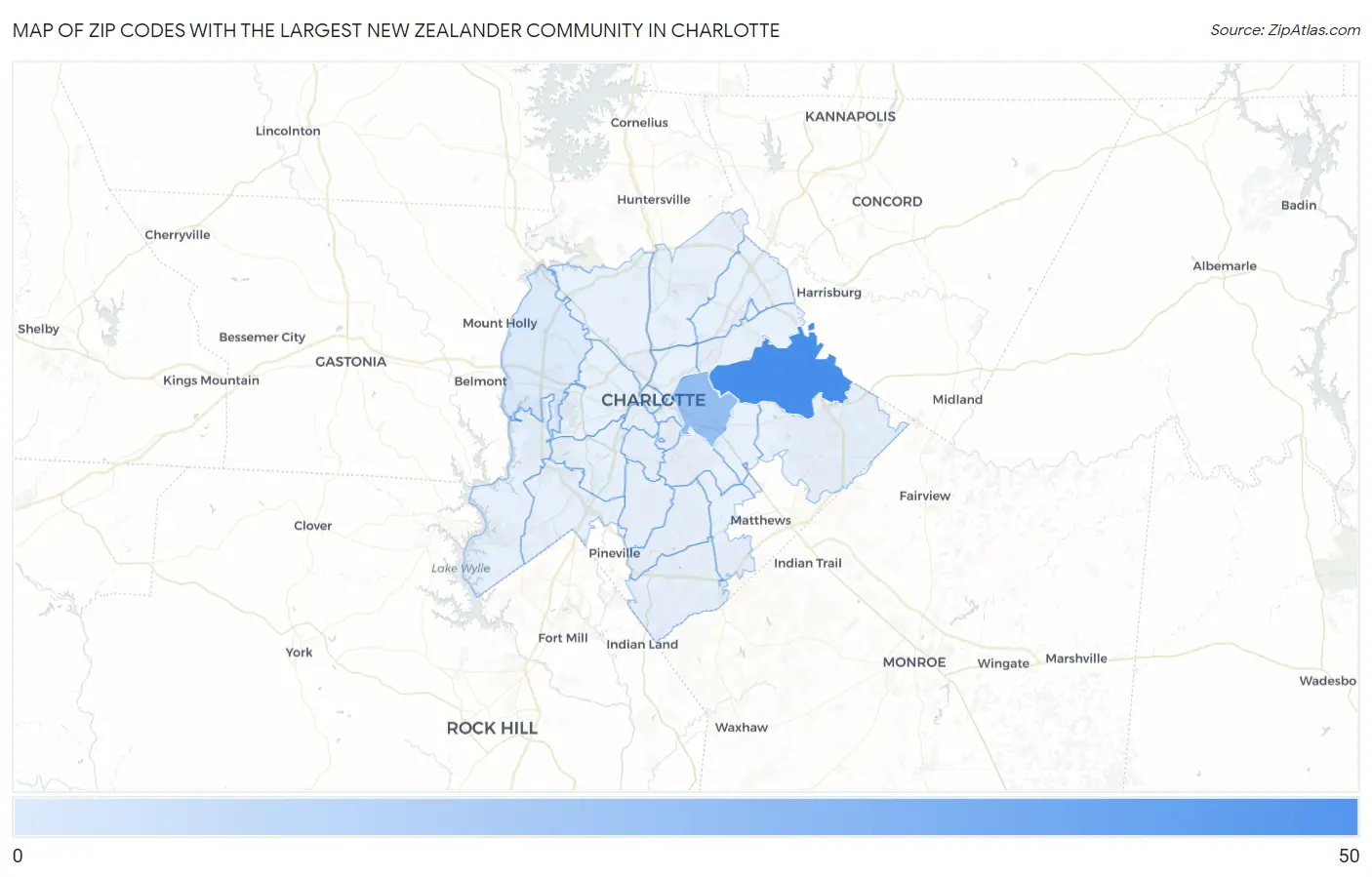 Zip Codes with the Largest New Zealander Community in Charlotte Map