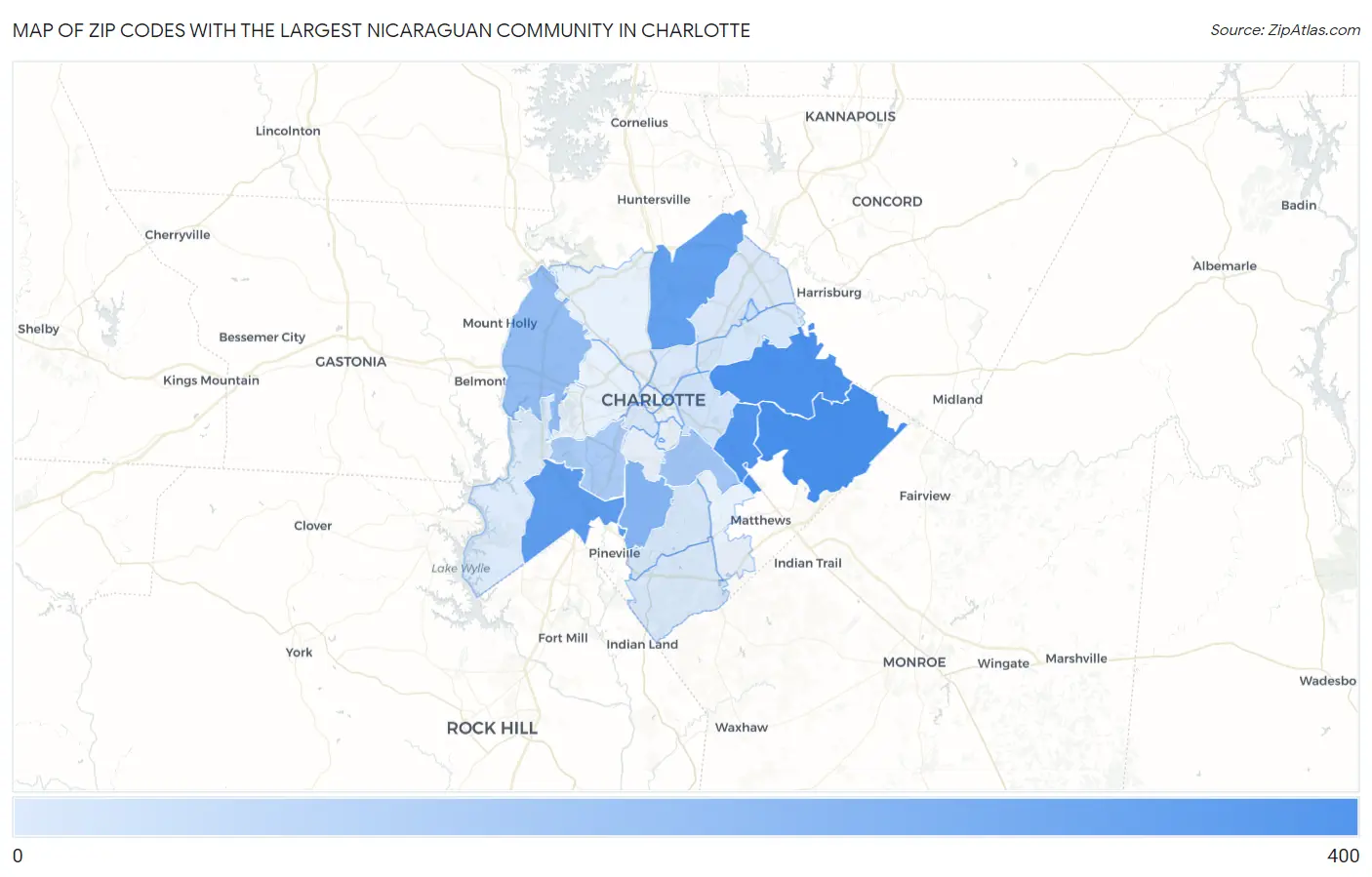 Zip Codes with the Largest Nicaraguan Community in Charlotte Map