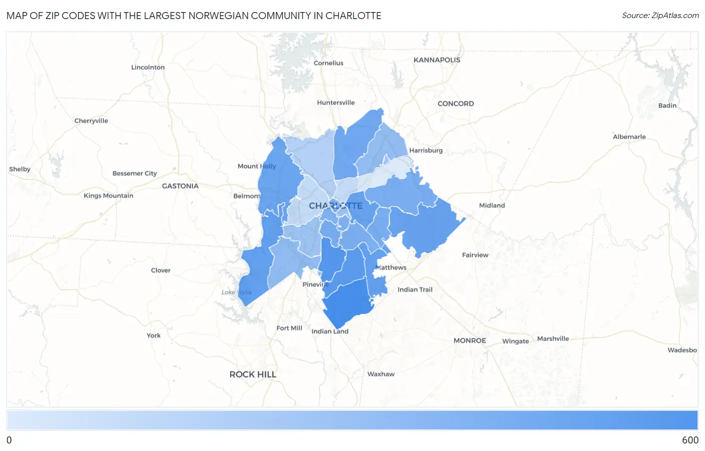 Zip Codes with the Largest Norwegian Community in Charlotte Map