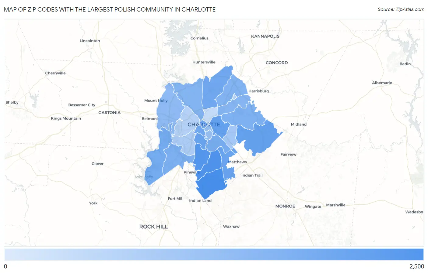 Zip Codes with the Largest Polish Community in Charlotte Map