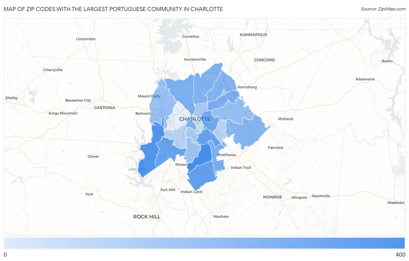 Zip Codes with the Largest Portuguese Community in Charlotte Map