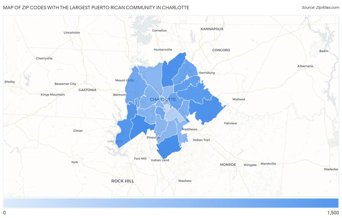 Zip Codes with the Largest Puerto Rican Community in Charlotte Map