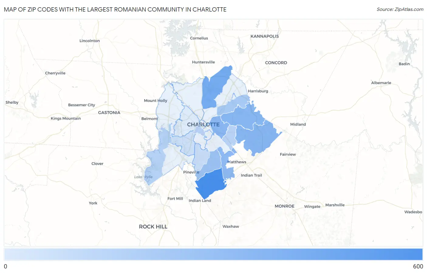 Zip Codes with the Largest Romanian Community in Charlotte Map
