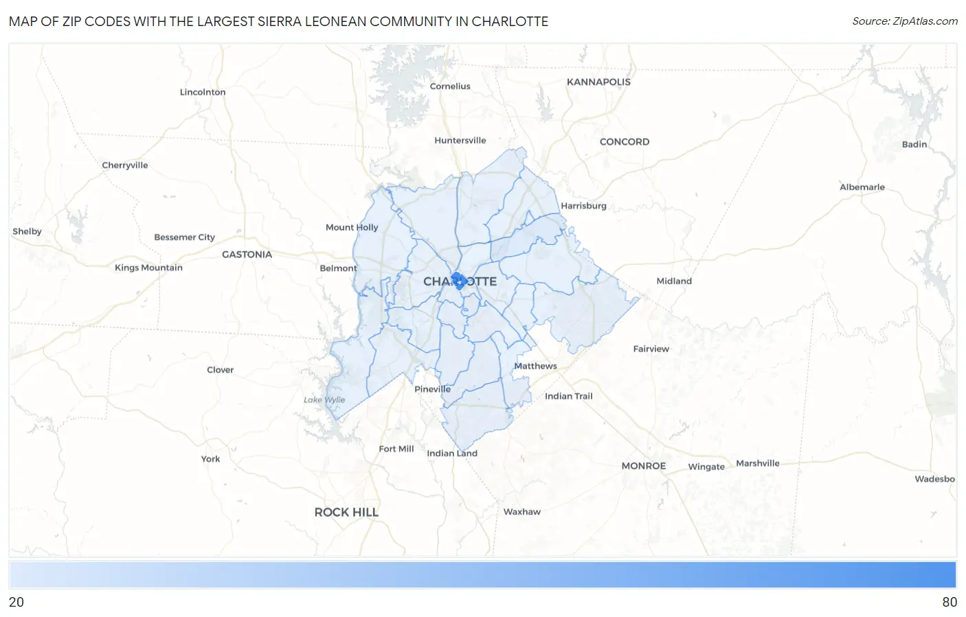 Zip Codes with the Largest Sierra Leonean Community in Charlotte Map