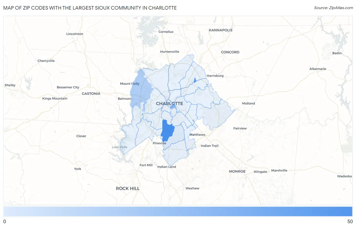 Zip Codes with the Largest Sioux Community in Charlotte Map