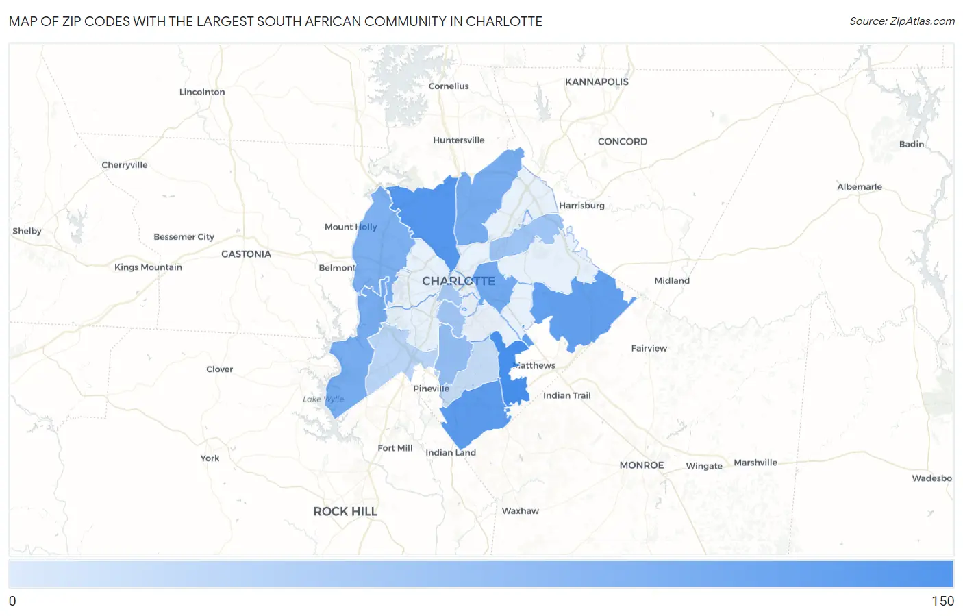 Zip Codes with the Largest South African Community in Charlotte Map