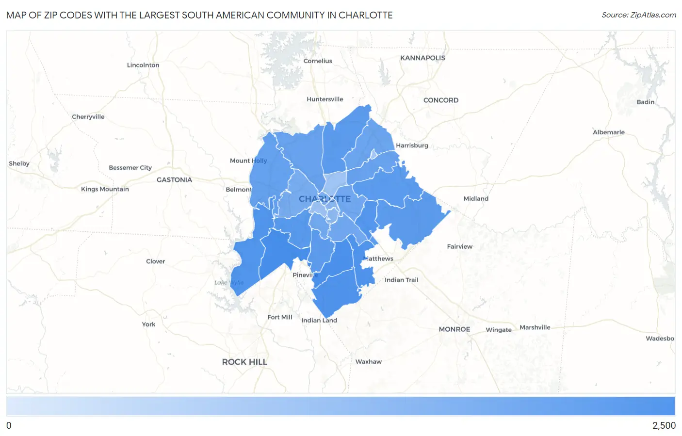 Zip Codes with the Largest South American Community in Charlotte Map