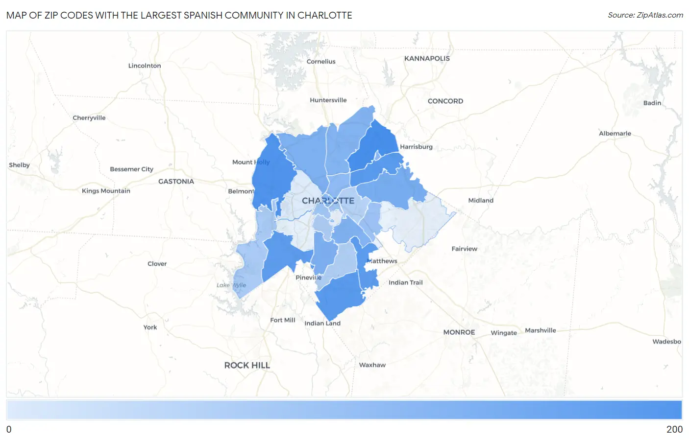 Zip Codes with the Largest Spanish Community in Charlotte Map