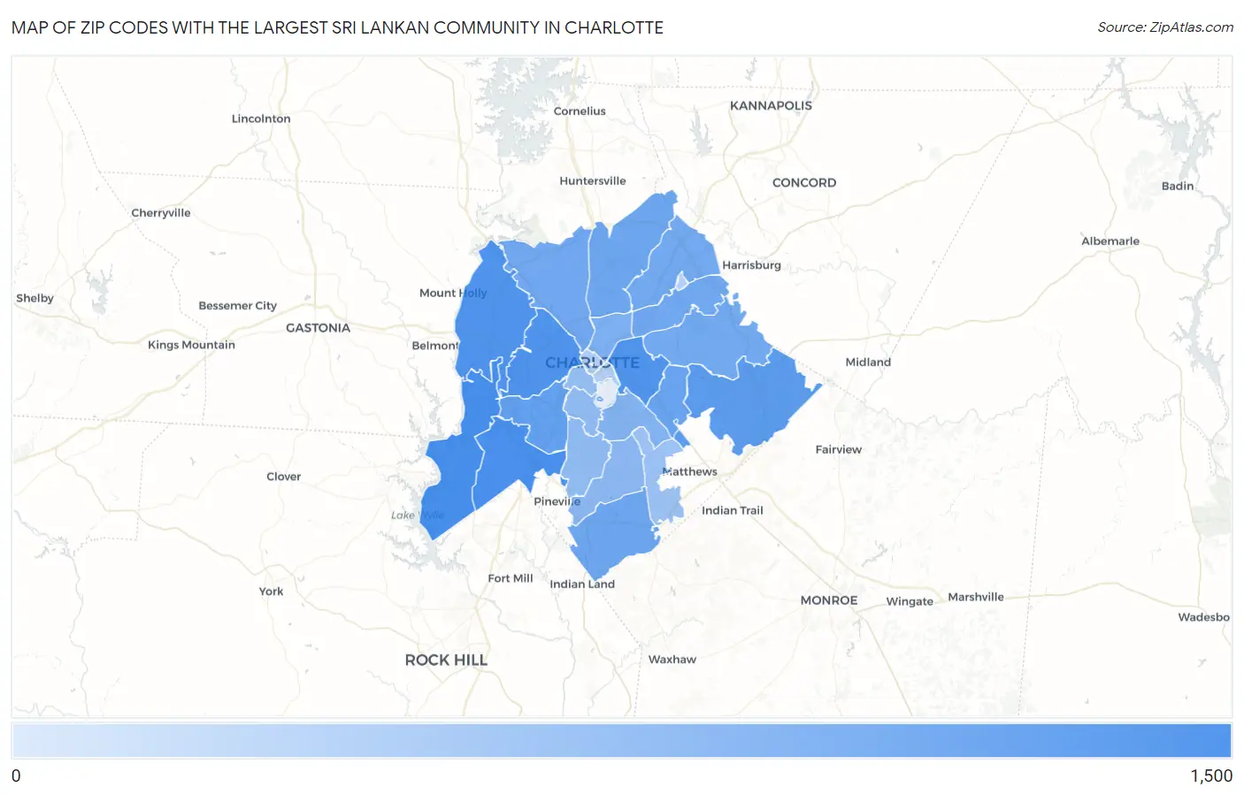 Zip Codes with the Largest Sri Lankan Community in Charlotte Map
