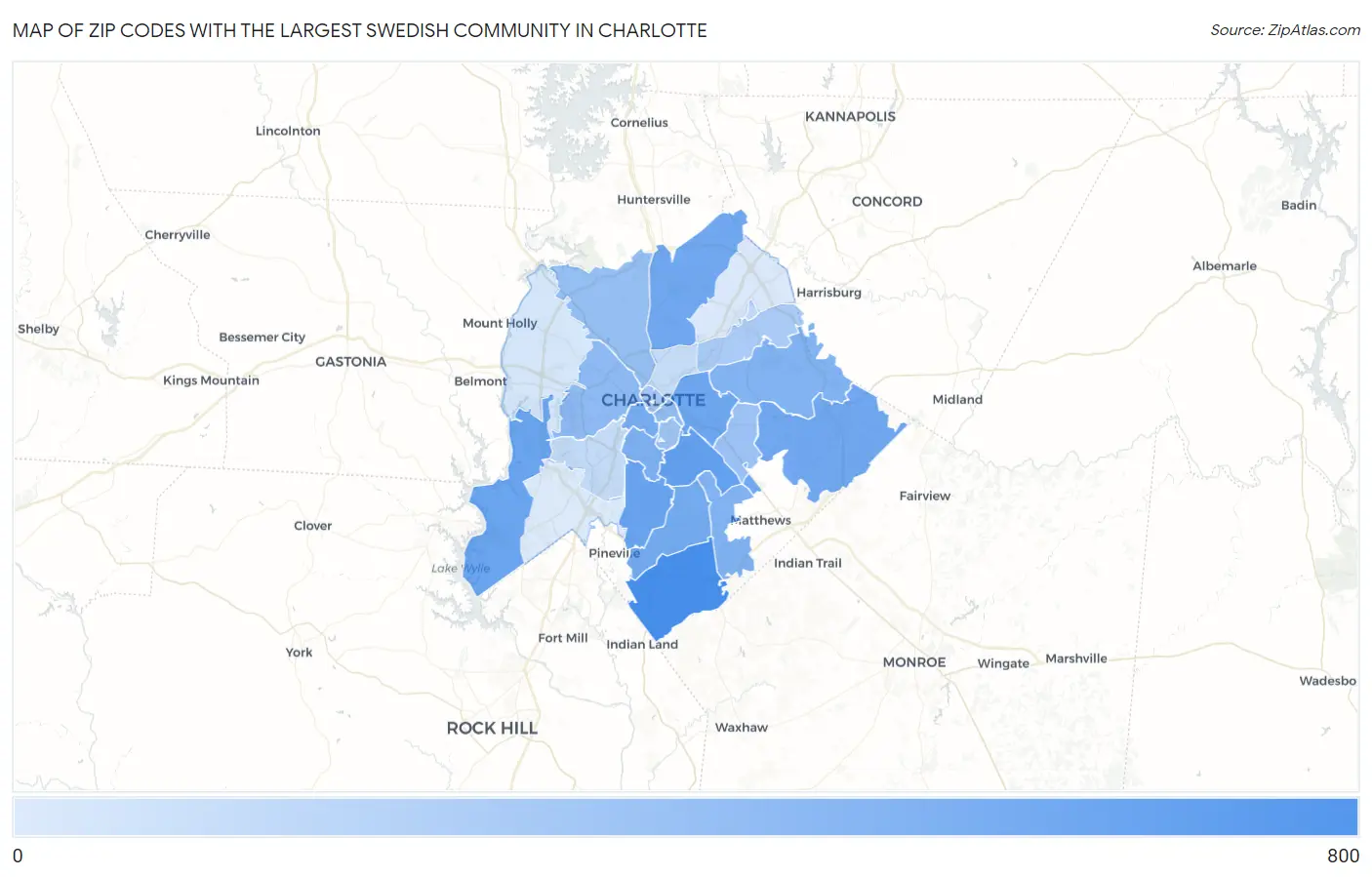 Zip Codes with the Largest Swedish Community in Charlotte Map
