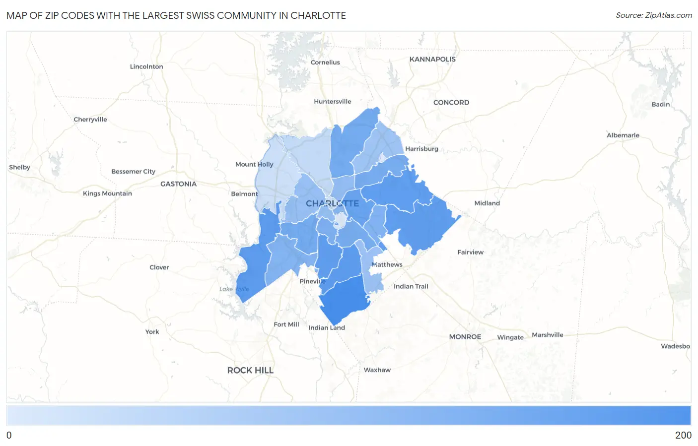 Zip Codes with the Largest Swiss Community in Charlotte Map