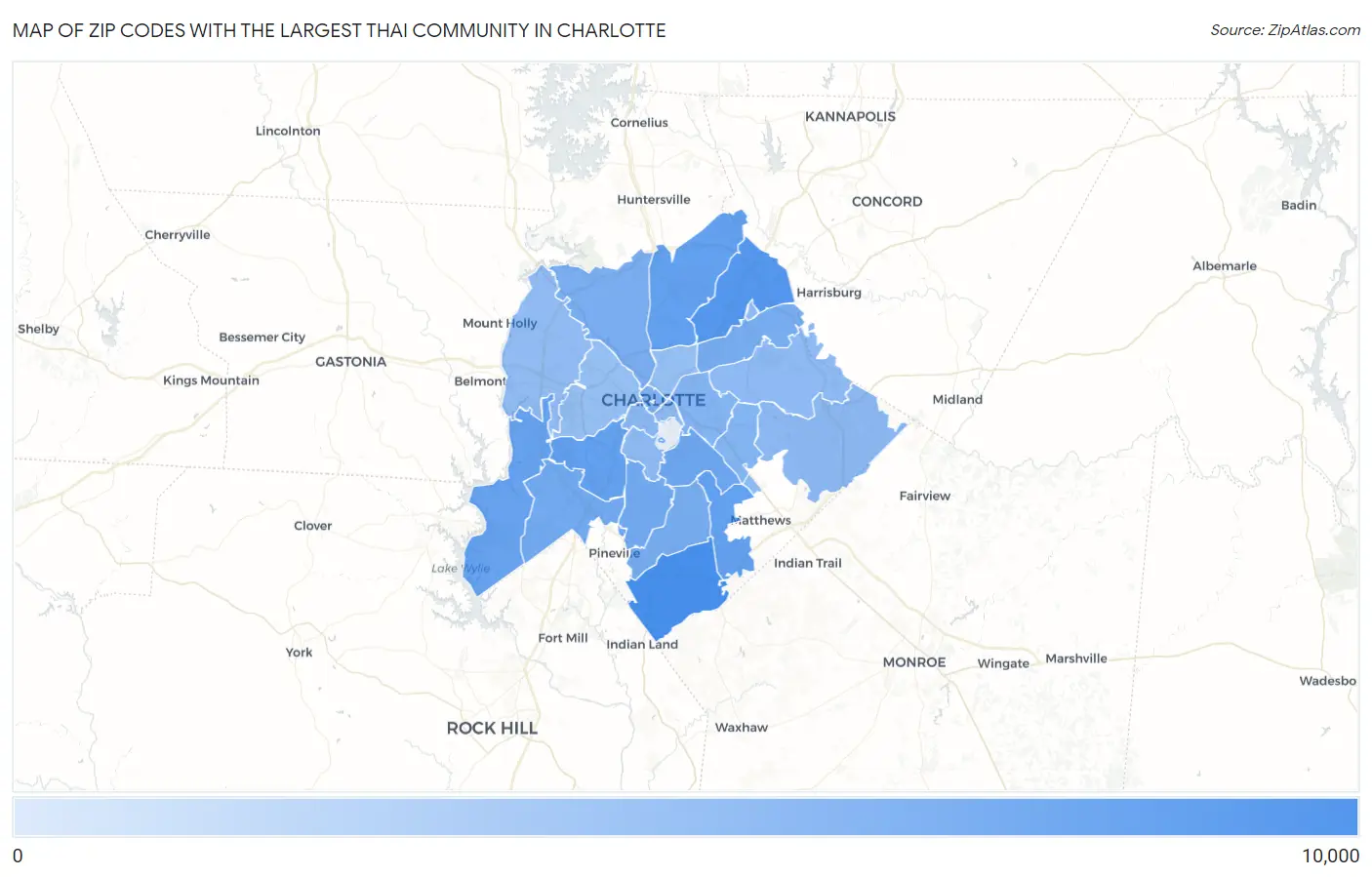 Zip Codes with the Largest Thai Community in Charlotte Map