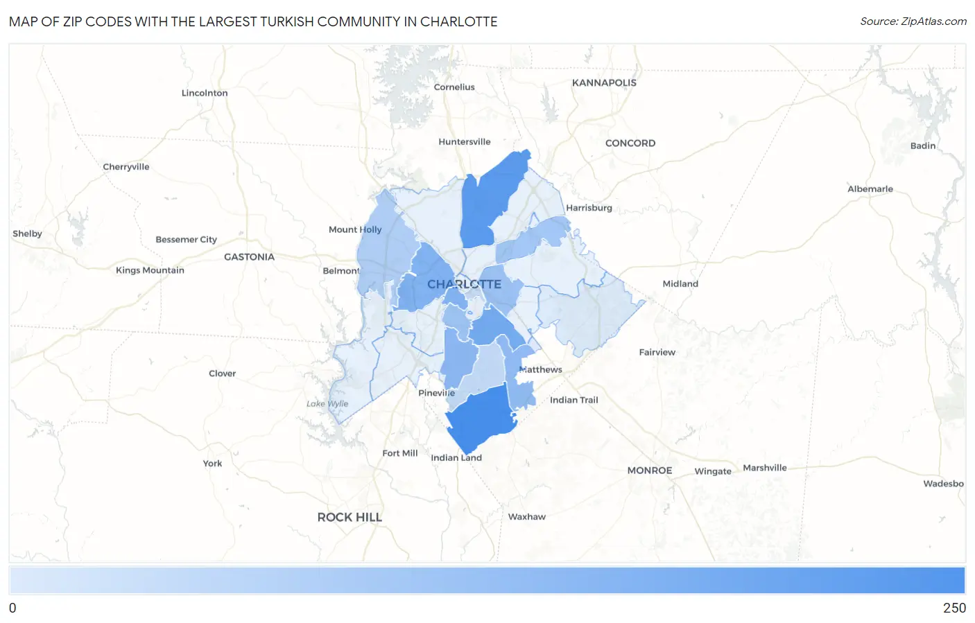 Zip Codes with the Largest Turkish Community in Charlotte Map
