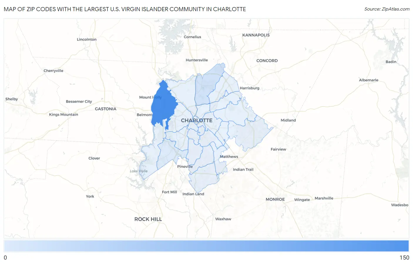 Zip Codes with the Largest U.S. Virgin Islander Community in Charlotte Map