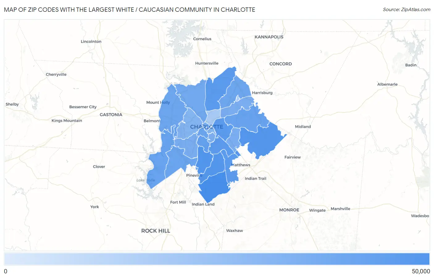 Zip Codes with the Largest White / Caucasian Community in Charlotte Map