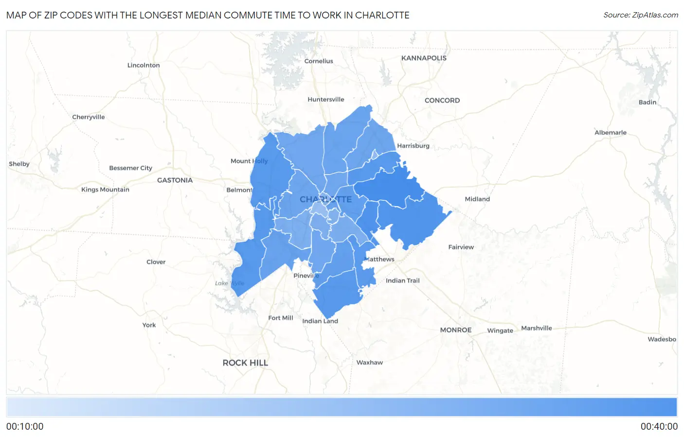 Zip Codes with the Longest Median Commute Time to Work in Charlotte Map