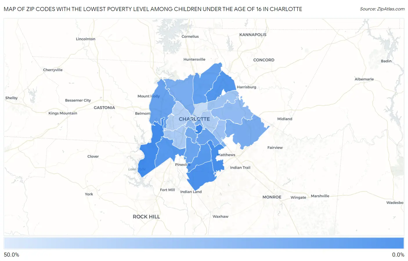 Zip Codes with the Lowest Poverty Level Among Children Under the Age of 16 in Charlotte Map