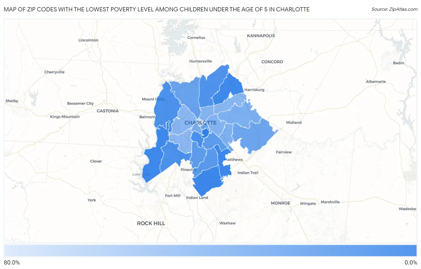 Zip Codes with the Lowest Poverty Level Among Children Under the Age of 5 in Charlotte Map