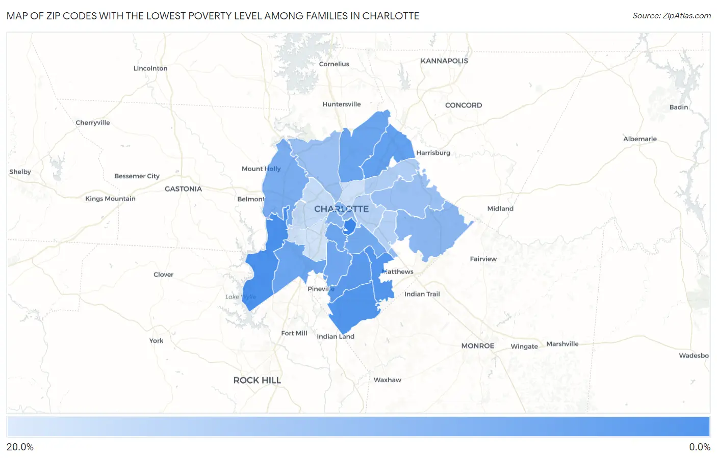 Zip Codes with the Lowest Poverty Level Among Families in Charlotte Map