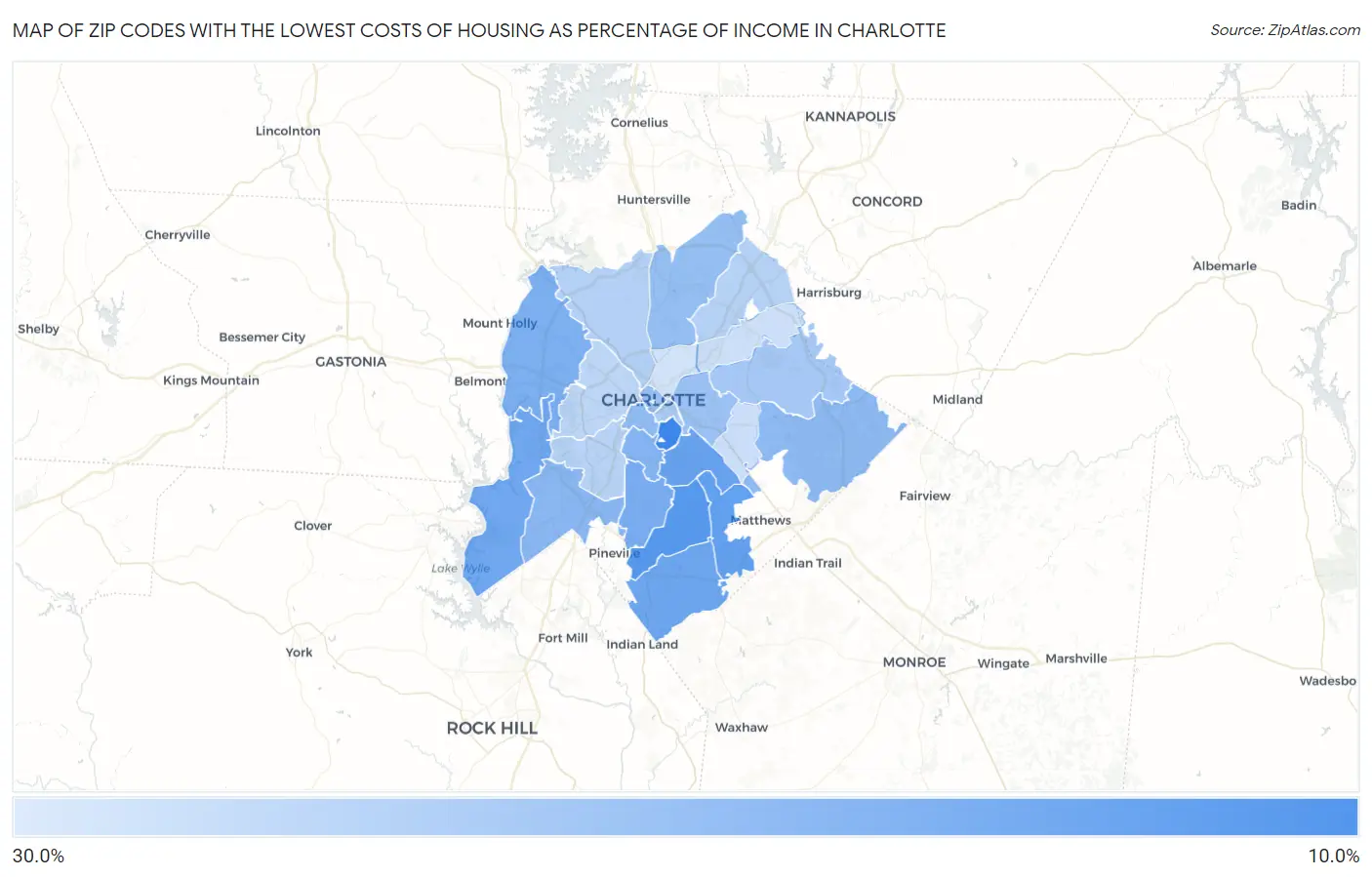 Zip Codes with the Lowest Costs of Housing as Percentage of Income in Charlotte Map