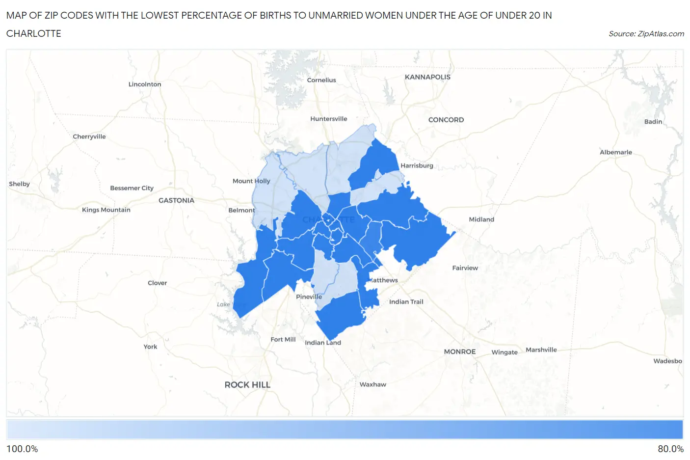 Zip Codes with the Lowest Percentage of Births to Unmarried Women under the Age of under 20 in Charlotte Map
