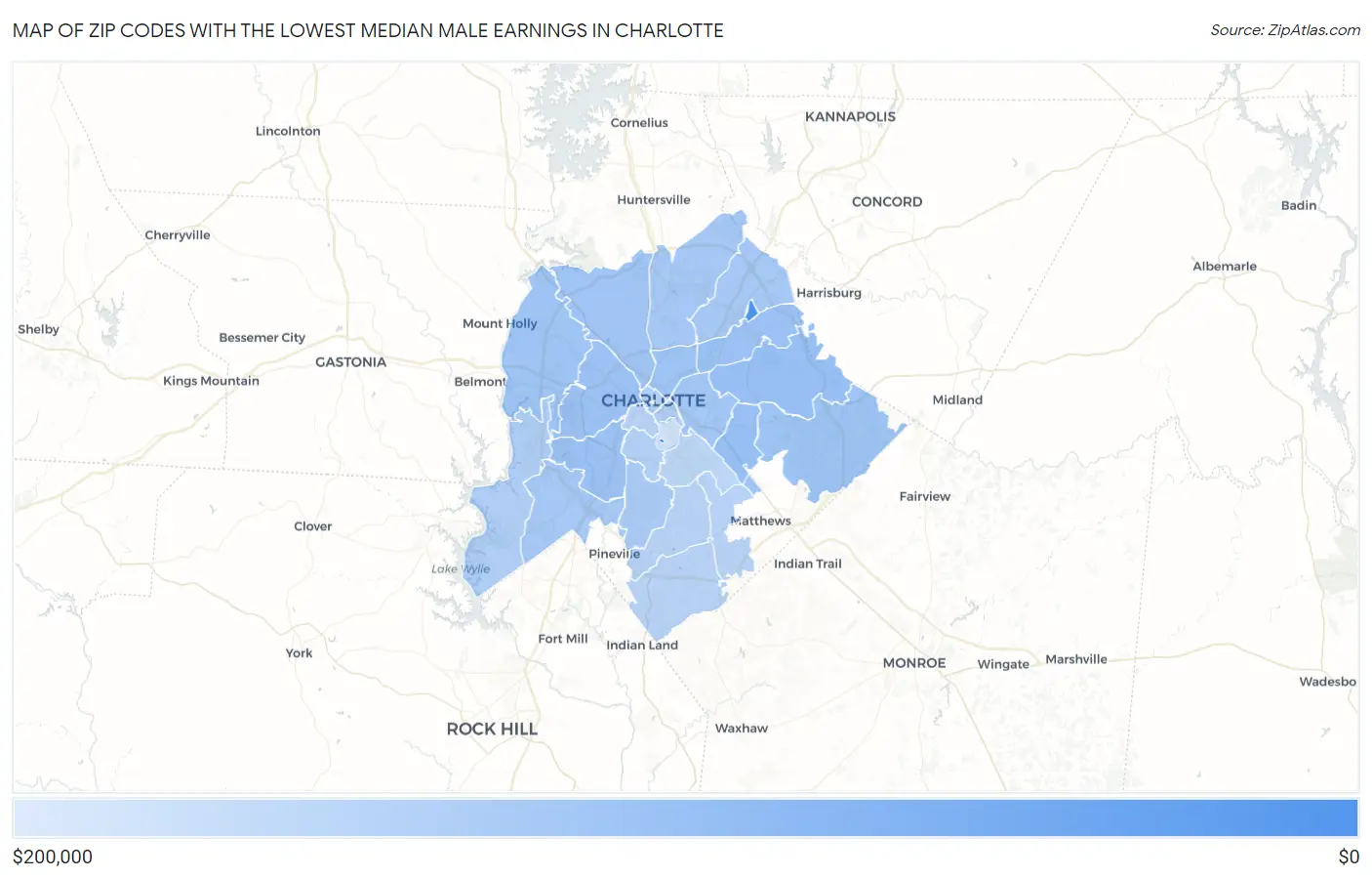 Zip Codes with the Lowest Median Male Earnings in Charlotte Map