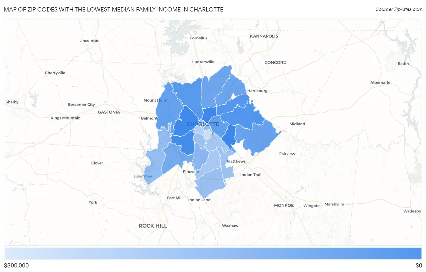Zip Codes with the Lowest Median Family Income in Charlotte Map