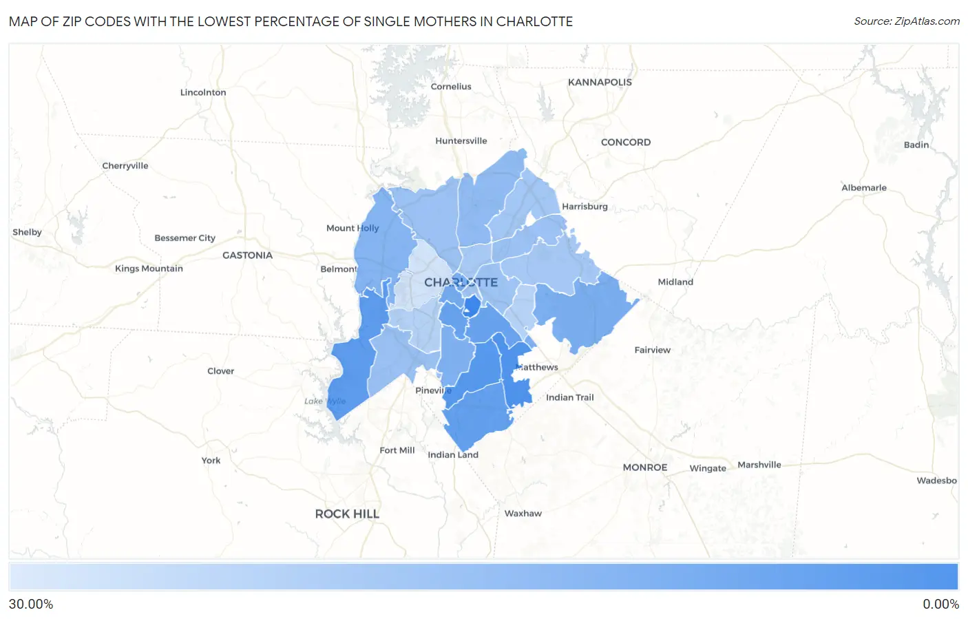 Zip Codes with the Lowest Percentage of Single Mothers in Charlotte Map