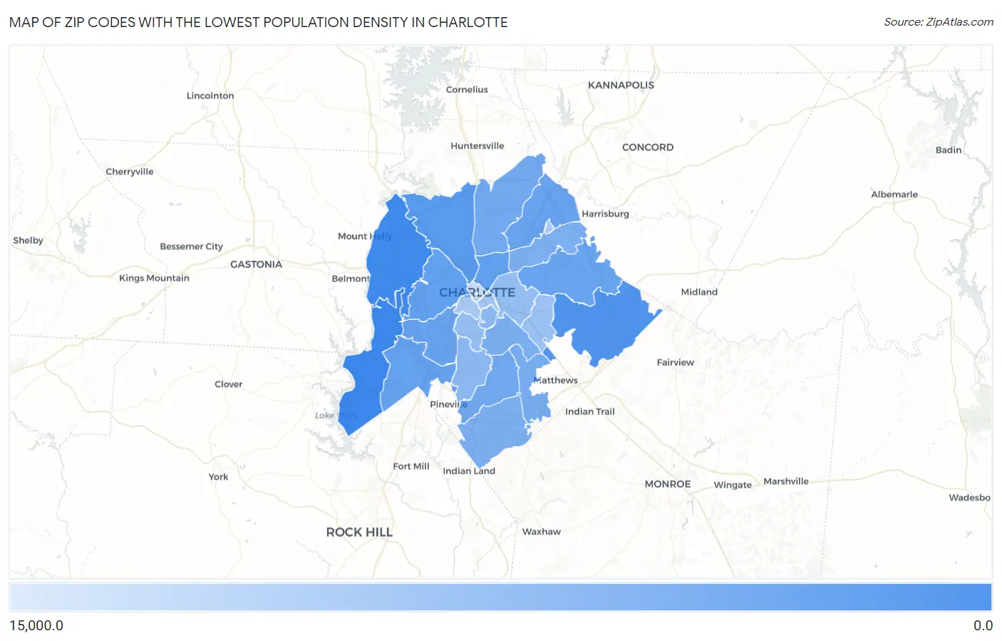 Zip Codes with the Lowest Population Density in Charlotte Map