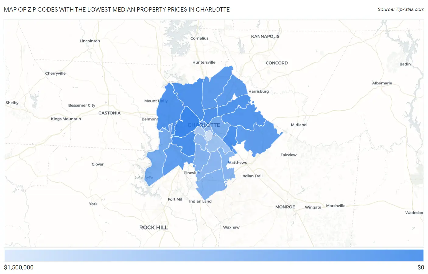 Zip Codes with the Lowest Median Property Prices in Charlotte Map