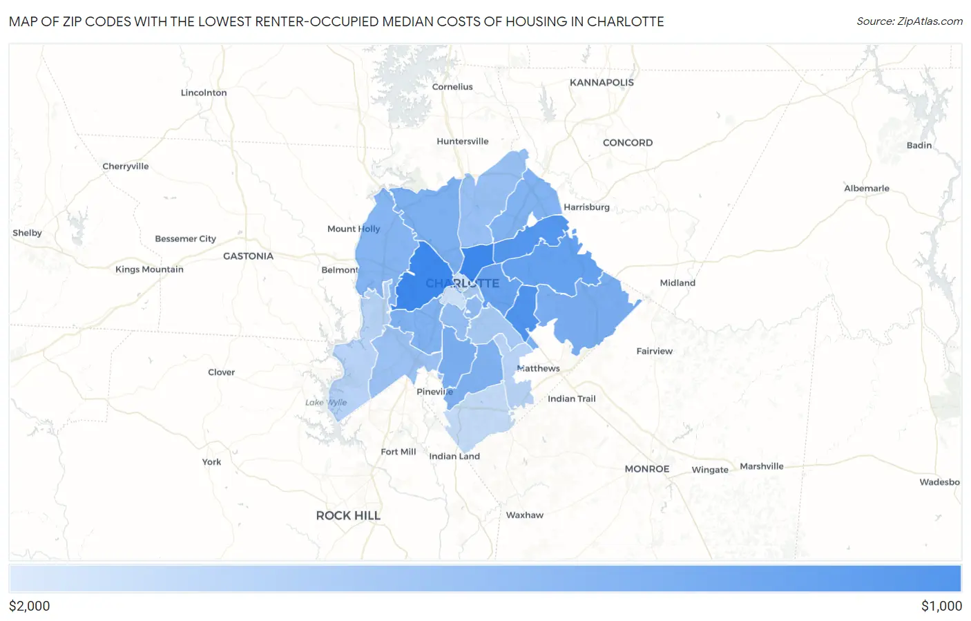 Zip Codes with the Lowest Renter-Occupied Median Costs of Housing in Charlotte Map