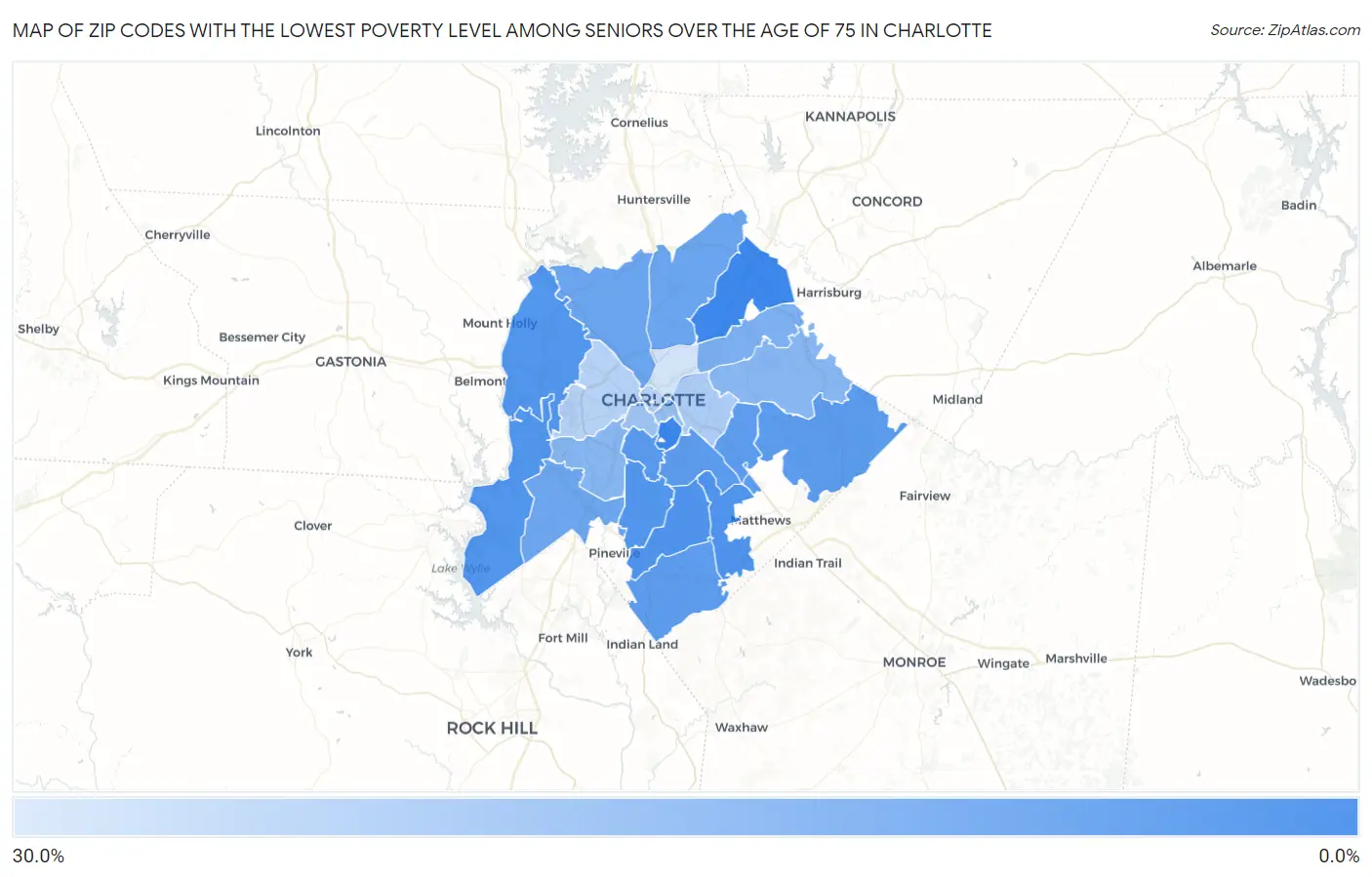 Zip Codes with the Lowest Poverty Level Among Seniors Over the Age of 75 in Charlotte Map