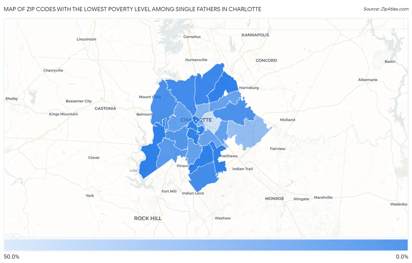 Zip Codes with the Lowest Poverty Level Among Single Fathers in Charlotte Map