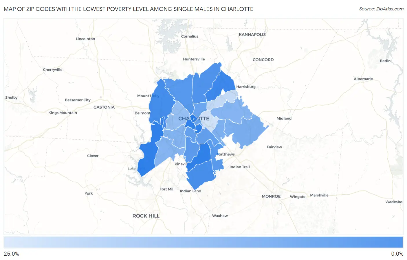 Zip Codes with the Lowest Poverty Level Among Single Males in Charlotte Map