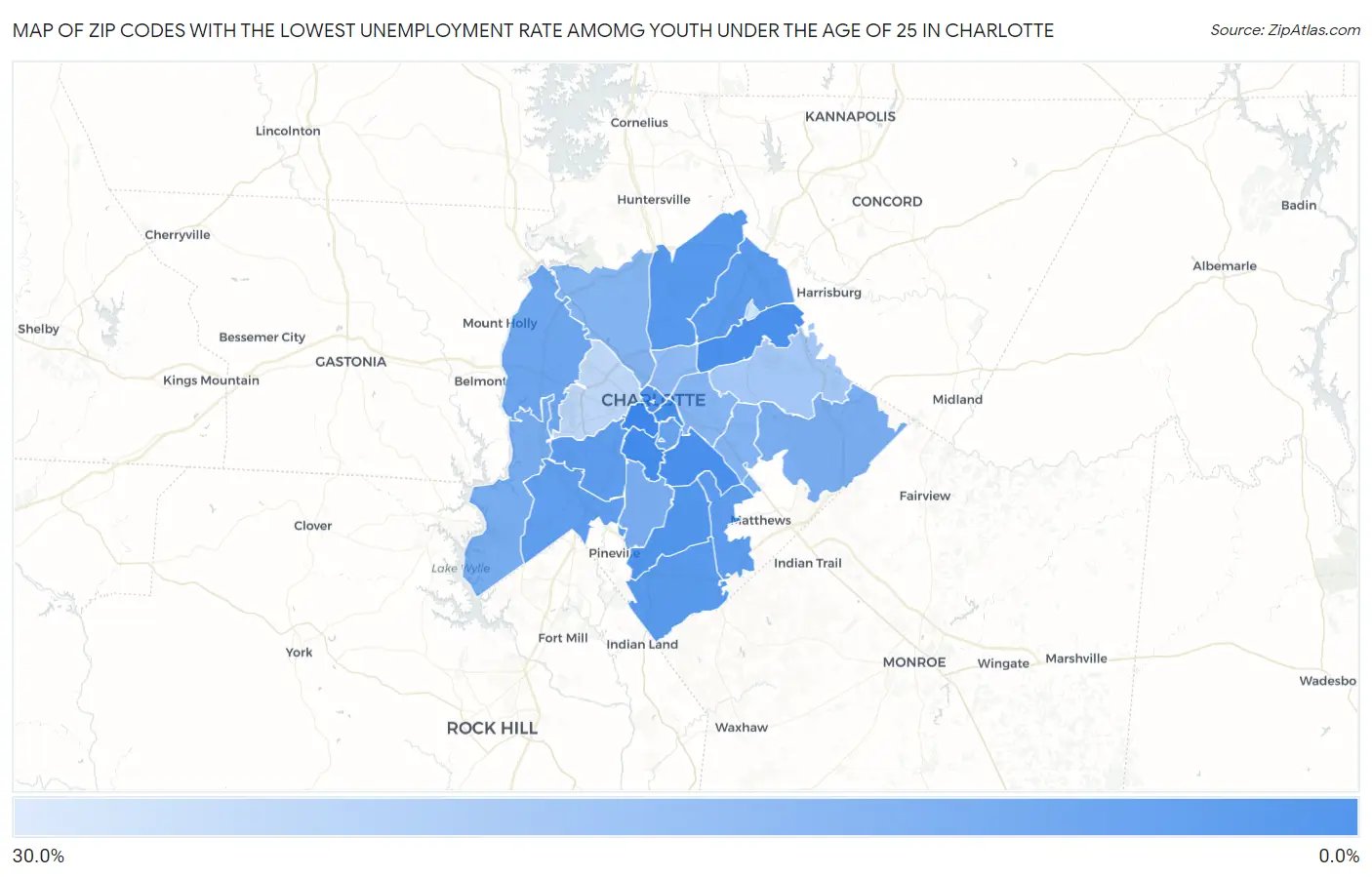 Zip Codes with the Lowest Unemployment Rate Amomg Youth Under the Age of 25 in Charlotte Map
