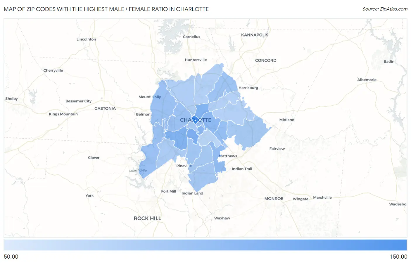 Zip Codes with the Highest Male / Female Ratio in Charlotte Map