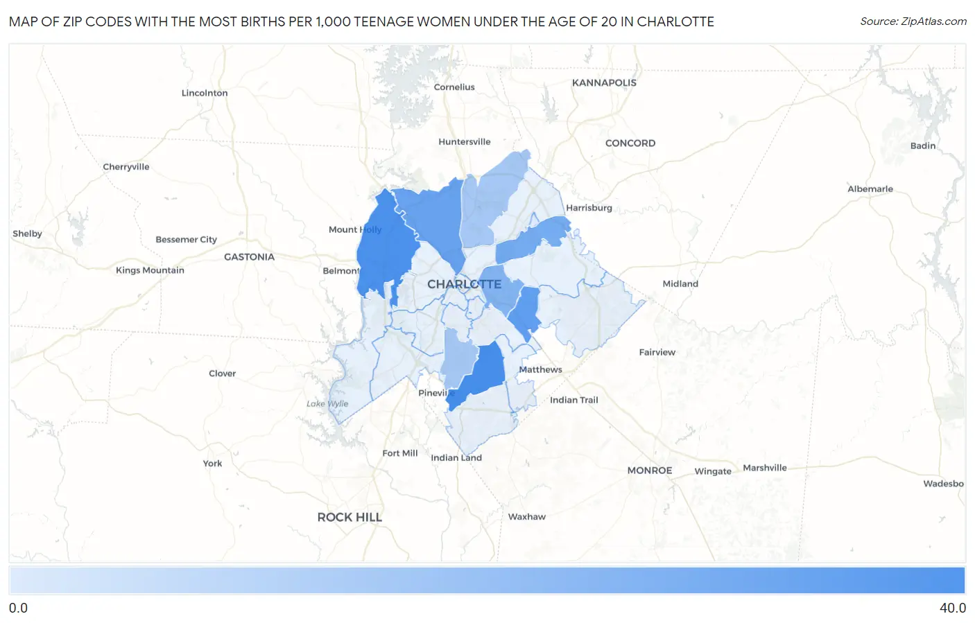 Zip Codes with the Most Births per 1,000 Teenage Women Under the Age of 20 in Charlotte Map