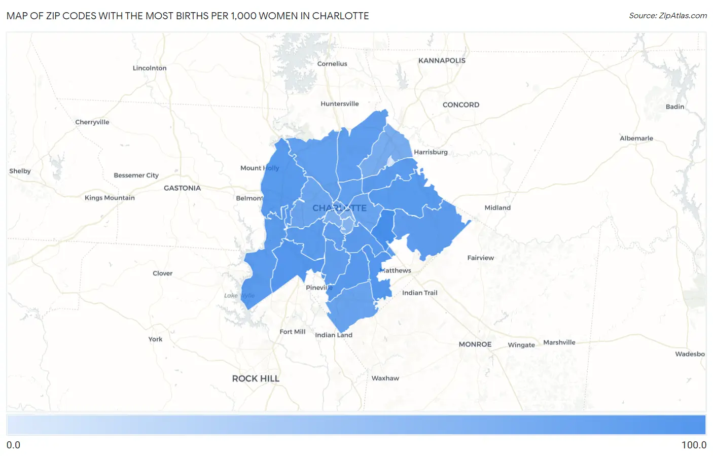 Zip Codes with the Most Births per 1,000 Women in Charlotte Map