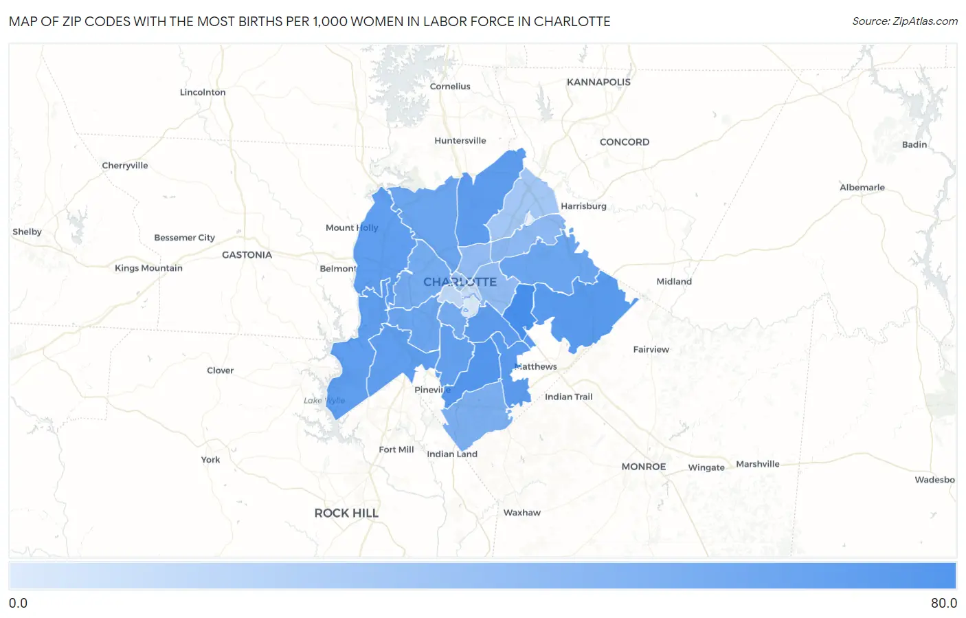 Zip Codes with the Most Births per 1,000 Women in Labor Force in Charlotte Map