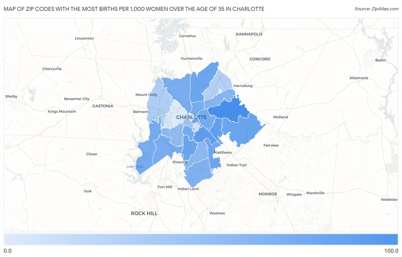 Zip Codes with the Most Births per 1,000 Women Over the Age of 35 in Charlotte Map