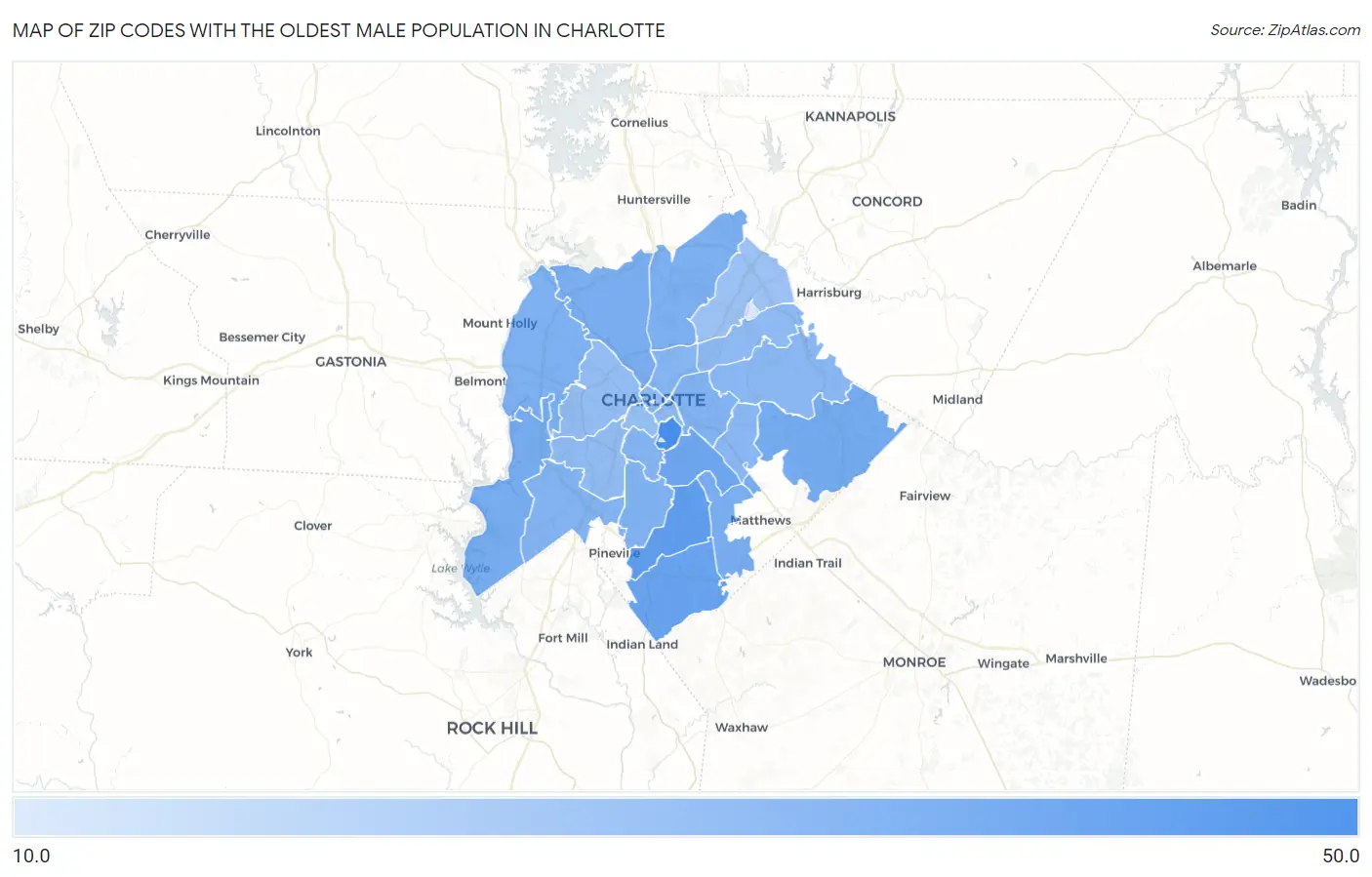 Zip Codes with the Oldest Male Population in Charlotte Map