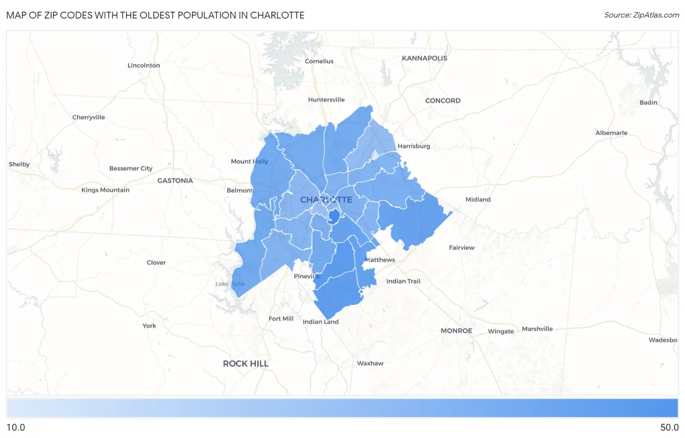 Zip Codes with the Oldest Population in Charlotte Map