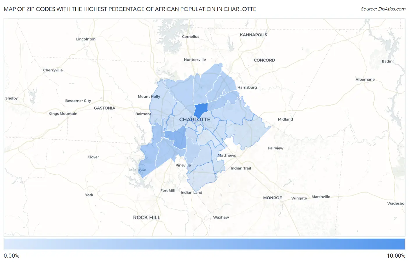 Zip Codes with the Highest Percentage of African Population in Charlotte Map